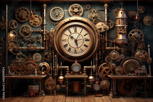 A steampunk style with gears pipes and clocks. Stylized of a steampunk mechanical. 3D illustration digital art design. Retro clock mechanism steampunk style.