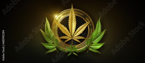 Marijuana symbol on golden emblem with bad text.
