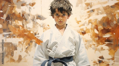 Boy in a white kimono and black belt on an abstract background