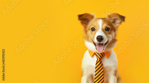 Charming dog wearing a tie on a yellow background