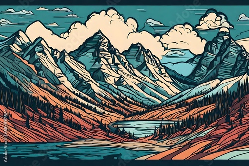 vector style drawing of the Canadian Rockies mountains landscape with flat colors
