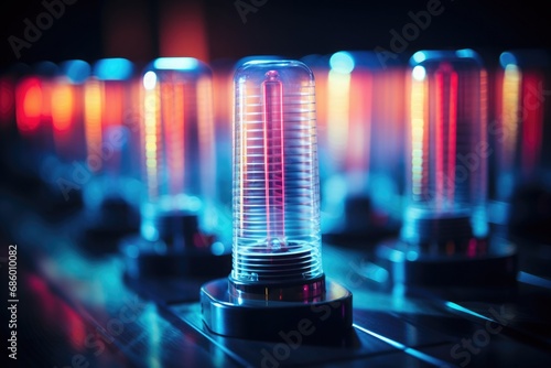 Row of red and blue radio tubes