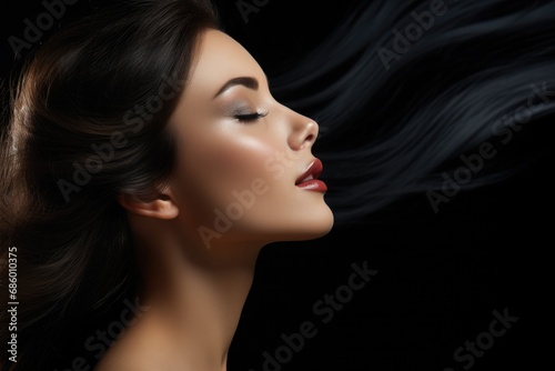 А woman with hair and makeup inhales the fragrance with pleasure