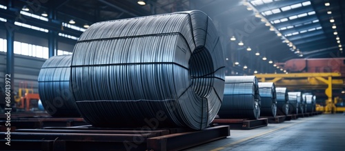 Transporting and handling steel coil wire in front of a warehouse, part of general cargo logistics and industrial material supply chain operations.