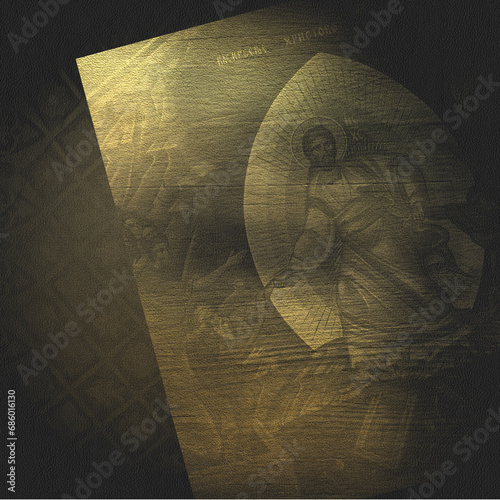 Decorative religious black and gold backdrop. Modern Christian scrapbook paper with leather texture and vintage Easter illustration of the Jesus Christ's resurrection