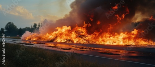 Roadside controlled burn poses risks of air pollution and reduced visibility.