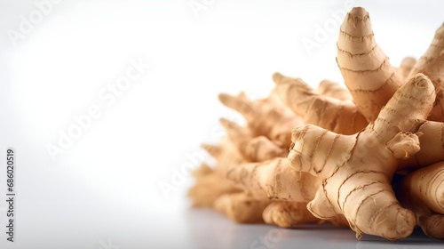 Close-up portrait of ginger rhizome against white background with space for text, background image, AI generated