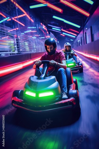 Thrill-seekers competing for the fastest lap at a lively indoor go-kart racing track