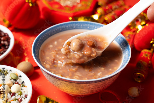 Chinese traditional food, Laba porridge.red rice porridge in a bowl.