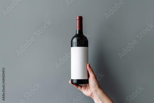 One wine bottle held in the hand, style of minimalistic, natural colors.