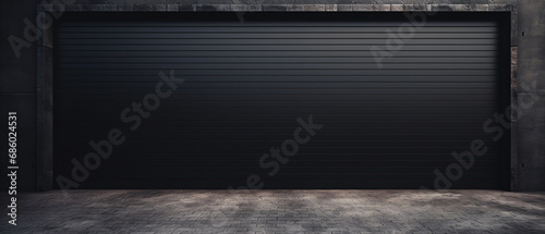 Metal shutter warehouse gate isolated, garage with black tilt-up retractable raised panel metal door. Shutters gates steel doors loading section garage view. Generative ai