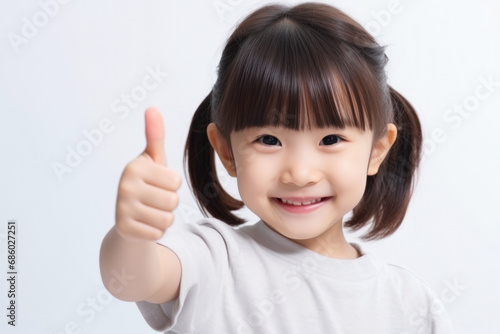 Portrait of Asian young girl and thumbs up on white background