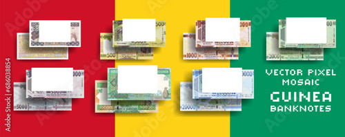 Vector set of pixel mosaic banknotes of Guinea. Collection of notes in denominations of 100, 500, 1000, 2000, 5000 and 10000 francs. Overs and reverses. Play money or flyers.