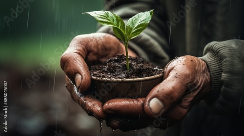 Ecology concept ,Old man`s hands holding young plant in the rain .