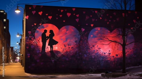 Love-themed murals on the sides of buildings against a dark background create a vibrant and artistic backdrop for a city celebration on Valentine's Day with beautiful compositions.