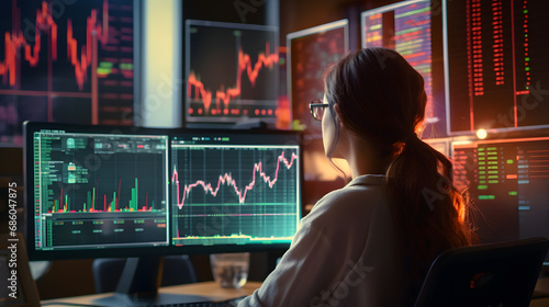 Young woman working at modern office.Technical price graph and indicator, red and green candlestick chart and stock trading computer screen background. Double exposure. Trader analyzi. generative ai.