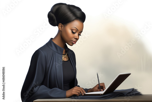 African-American woman working with the laptop at the desk in home office. Discreet business style, very modest and strict attire. Made with Generative AI