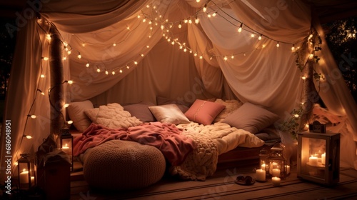 A cozy blanket fort with fairy lights, creating a whimsical space for a romantic movie night on Valentine's.