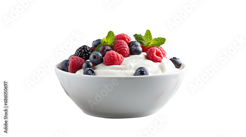 Bowl of greek yogurt and fresh berries. Isolated on Transparent background.