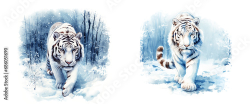 Watercolor portrait of tiger. Winter snow and forest landscape. AI generated