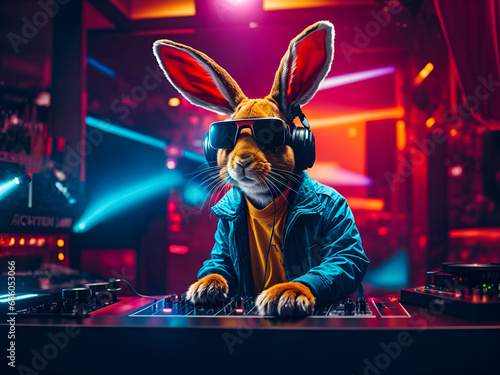 A rabbit character, working a DJ booth