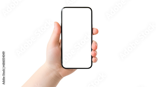 Man's Hand holding smartphone, Mockup phone hand. phone screen for Infographic Global Business web site design. Isolated on Transparent background.