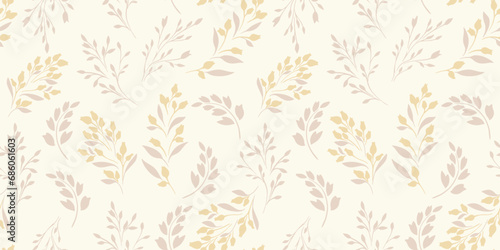 Simple seamless pattern with shape tiny branches leaves, buds with drops. Pastel gently beige floral print. Vector hand drawn sketch. Design for fashion, fabric, wallpaper.