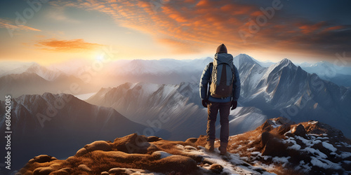 Hiker on the top of the mountain at sunset Travel and adventure concept reaching the peak of a challenging trail symbolizing the determination and perseverance needed to conquer fitness goals