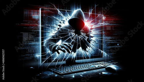 An artistic representation of a hacker's silhouette breaking into a computer. The silhouette is mysterious and shadowy, shaped like a person engaged 