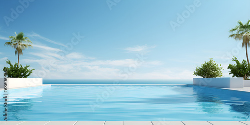 A beach scene with palm trees and a pool with a blue sky and clouds Empty swimming pool in tropical resort in summer background Tropical summer beach lounge with palm trees of luxury.