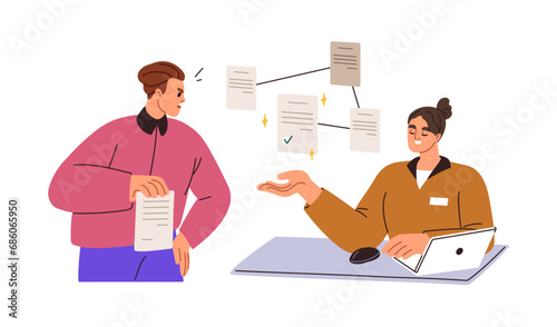 Bureaucracy, paperwork concept. Submitting documents to authority. Official worker consulting, explaining how to apply, give application. Flat graphic vector illustration isolated on white background