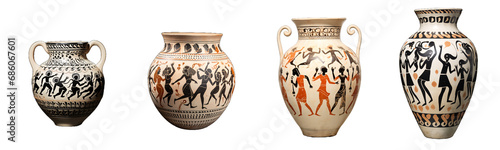 Set of Ancient ceramic Greek vases depicting people dancing and celebrating all together, collection of antique amphorae isolated on transparent white background