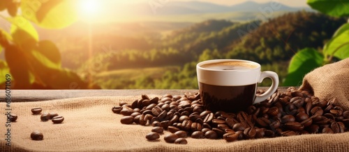 Front view of freshly brewed coffee on a wooden table with plants and a coffee field in the background bathed in sunlight Copy space image Place for adding text or design