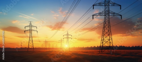 Evening silhouettes of high voltage towers and a stunning sunset Copy space image Place for adding text or design