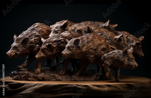 A group of wild pig statue carvings were crafted from wood. Mahogany wood.