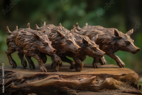 Wooden statue in the shape of a group of wild pigs. Mahogany wood.