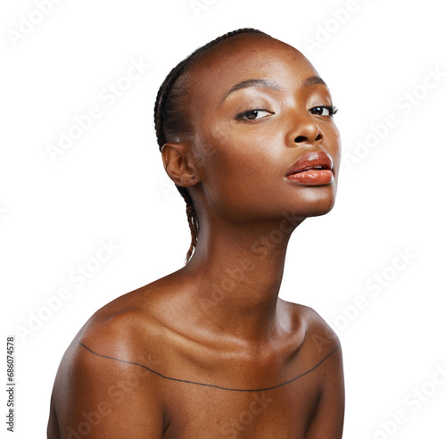 African woman, beauty and portrait with skincare, facial glow and isolated by transparent png background. Girl, model or person with natural aesthetic, cosmetic or change for face with transformation