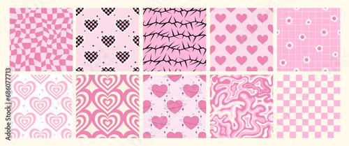 Set of y2k seamless vector patterns with hearts, thorns, flowers, checkered and psychedelic shapes. Glamour backgrounds for card, poster, banner design. Girly templates. Trendy covers in pastel colors