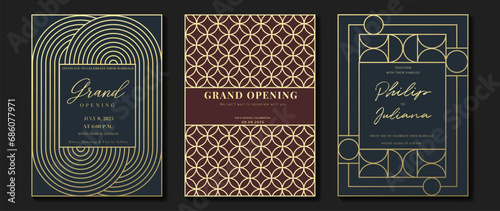 Luxury invitation card background vector. Elegant classic antique design, gold lines gradient on dark blue and brown background. Premium design illustration for gala card, grand opening, art deco.