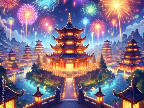 Lunar New Year imagery of fantasy Chinese pagodas beneath colorful Spring Festival fireworks at night.