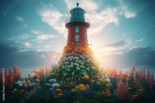 Flower puck lighthouse. Red building adorned with colorful and fabulous vegetation. Generate AI