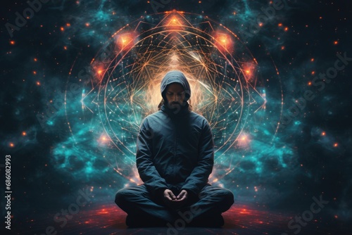 Man in meditation posture on cosmos background