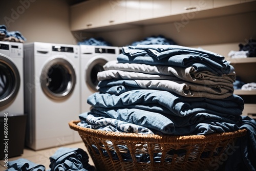 Alltägliche Wäsche: Ein Stapel Kleidung im Hauswirtschaftsraum. Gleichberechtigung bei der Hausarbeit.