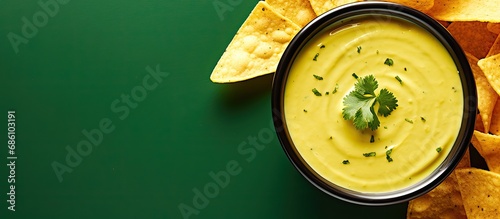 Yellow queso dip with tortilla chips and lime, homemade.