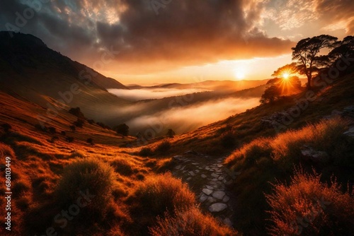 A breathtaking sunrise over a mist-covered valley, casting warm tones on the landscape.