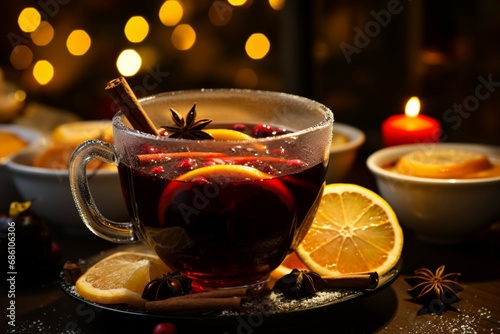 Close up of Christmas mulled red wine adorned with spices and citrus fruits