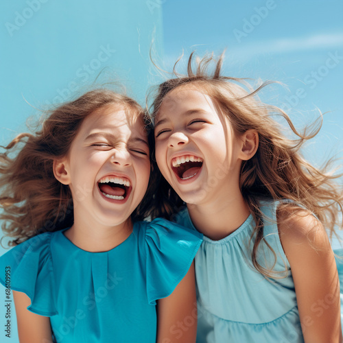 Two happy cheeky girls , best friends having fun , laughing on blue background, ai technology