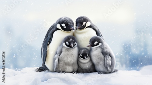 A family of penguins huddled together for warmth in the icy surroundings of the South Pole, their unity heartwarming in the cold.