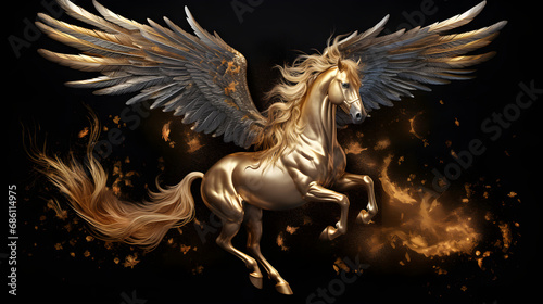 Winged Golden Horse Pegas on a black background 