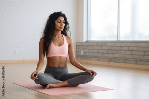 Beautiful oriental girl, young woman sitting meditating in lotus position on the floor in a bright fitness room